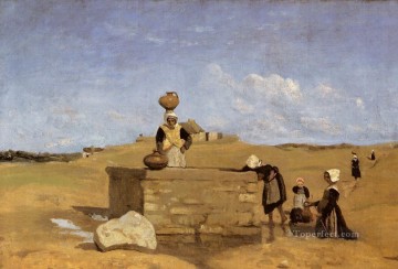 three women at the table by the lamp Painting - Breton Women at the Fountain plein air Romanticism Jean Baptiste Camille Corot